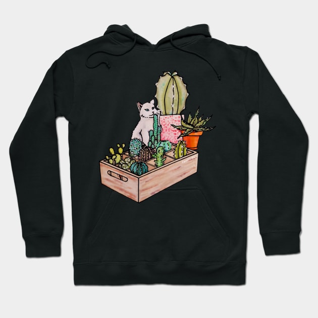 Watercolor Cat with a box of cacti Hoodie by Jessfm